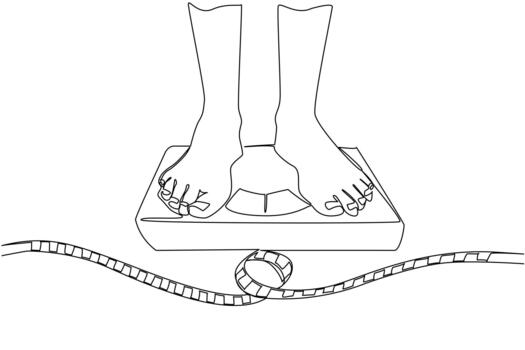 Continuous one line drawing feet standing on scale and a roll of measuring tape. Strict diet starts now. For better life. Health. Weights and Measures Day. Single line draw illustration vector