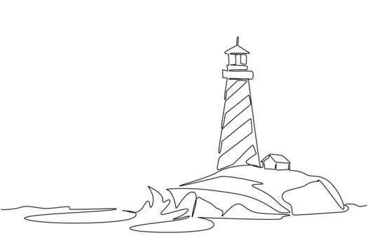continuo uno línea dibujo faro en arrecife. navegación ayuda para buques a noche o en malo clima condiciones. aventura. el Faro nacional marítimo día. soltero línea dibujar diseño vector