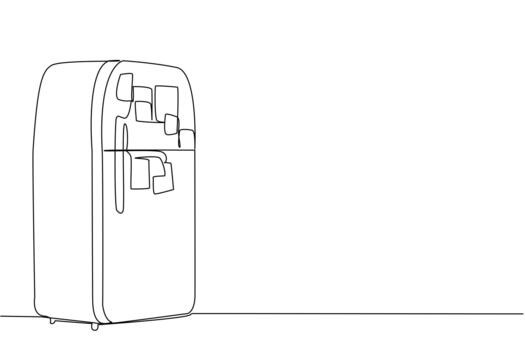 Single continuous line drawing classic refrigerator covered with memo paper. The important sticky notes that will always be read when at home. National Memo Day. One line illustration vector