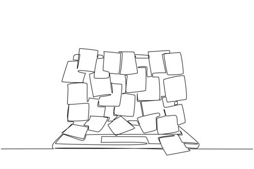 Single continuous line drawing laptop screen surface covered with lots of memo papers. Important sticky notes manual. Many deadlines. Information National Memo Day. One line illustration vector