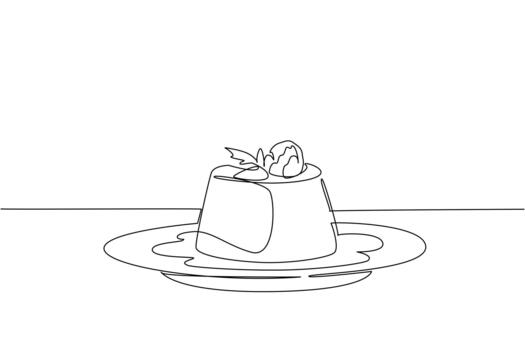 soltero continuo línea dibujo vainilla pudín coronado con frambuesas y caramelo salsa en un lámina. delicioso combinación de sabores nacional vainilla pudín día. uno línea diseño vector