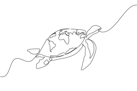 Continuous one line drawing side view, turtle with world map shell swimming. Cute animals that can be kept as pets but are endangered. World Turtle Day. Single line draw illustration vector