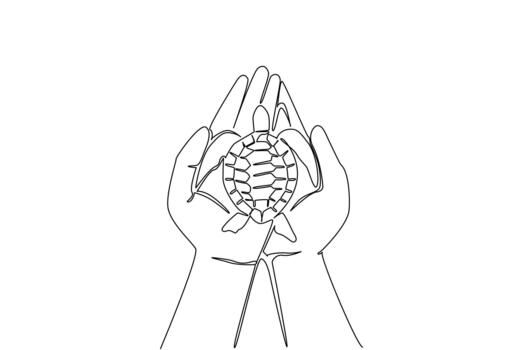 Continuous one line drawing the turtle is placed on two palms. Releasing newborn turtles into nature. Return it to its natural habitat. World Turtle Day. Single line draw illustration vector