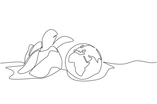 Single continuous line drawing turtles hatch from eggs and the eggs are intact with a globe like surface. Hatch one. Maintain the ecosystem. World Turtle Day. One line design vector