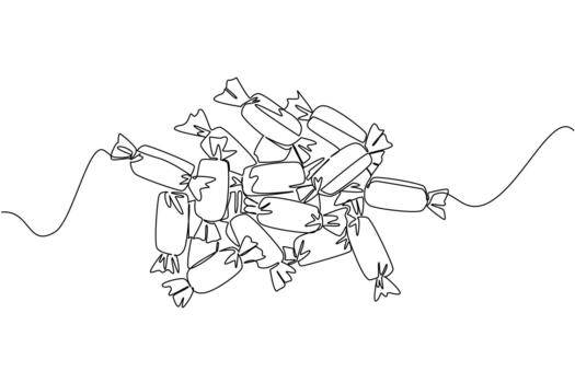 Continuous one line drawing pile of colorful candy. Bring plenty of stock to snack on while studying. Enjoy sweet and soft taste in one. National Taffy Day. Single line draw illustration vector