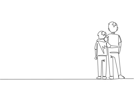 Single continuous line drawing rear view, two brothers standing embracing each other. Posing compactly in the open air. Childhood memory photo. Day of Brother. One line illustration vector