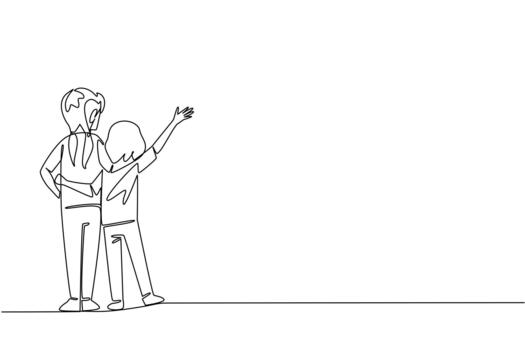 Single one line drawing rear view, two little sisters standing embracing each other. Always get along wherever. The protector. Loving. Day of Brother. Continuous line design illustration vector