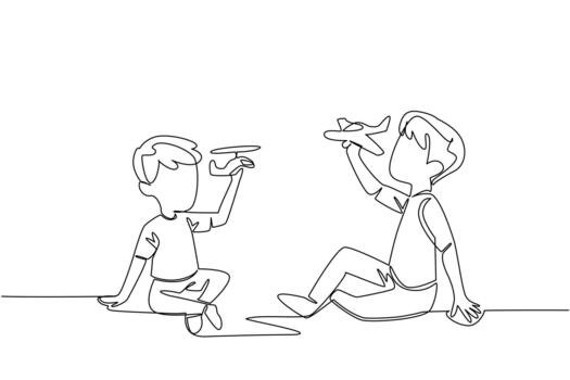 soltero continuo línea dibujo dos hermanos sentado y jugando juntos en el piso. jugando el mismo juego porque de el mismo juguete pasatiempo. contento. día de hermano. uno línea diseño vector