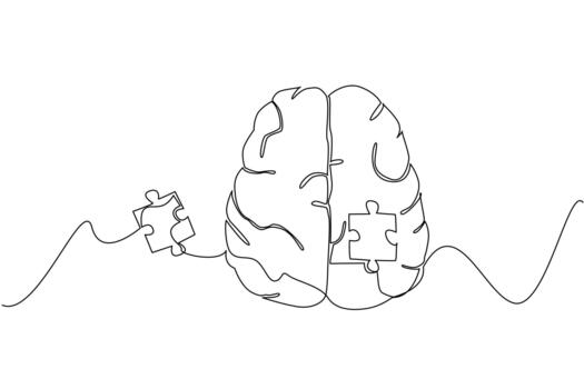 soltero uno línea dibujo parte superior vista, cerebro tiene rompecabezas piezas en medio ese son suelto fuera de cerebro. estructuras en cerebro ese cambiar. mundo esquizofrenia día. continuo línea diseño ilustración vector