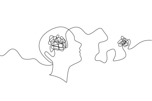 Single continuous line drawing silhouette of a head with a tangled ball of thread extending out of the head. Hallucinations. Delusions. World Schizophrenia Day. One line design vector