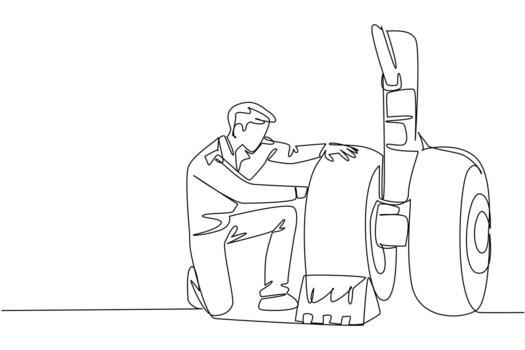 Continuous one line drawing aircraft technician checking the wheels of aircraft. Rechecking the landing control system. Aviation Maintenance Technician Day. Single line draw illustration vector