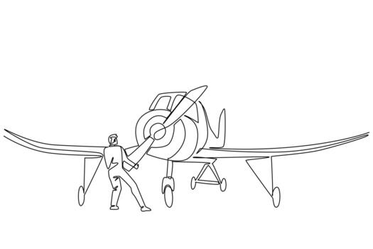 Single one line drawing an aircraft technician is checking the propeller. Propeller rotation does not meet standards. Aviation Maintenance Technician Day. Continuous line design illustration vector