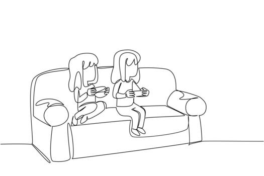 Single continuous line drawing two sisters sitting on the sofa and holding game joystick. Competing in the world of console gaming. Happy holidays. Day of Brother. One line illustration vector
