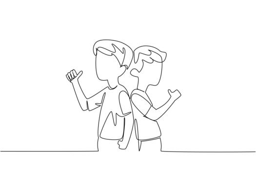 Continuous one line drawing two brothers turn their backs to each other and make a thumbs up gesture. Styled like showing arm muscles. Day of Brother. Single line draw design vector