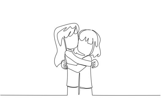 Single continuous line drawing two sisters hug each other. Hugging like a fictional childhood character. Hugging tightly, not wanting to let go. Day of Brother. One line illustration vector