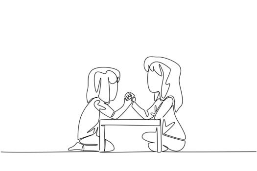 soltero uno línea dibujo dos hermanas sentado en el piso y brazo lucha. hermanos compitiendo en un juego de ágil. divertido y emocionante juego. día de hermano. continuo línea diseño ilustración vector