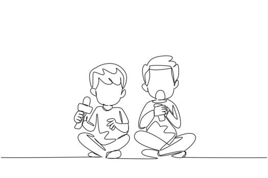 continuo uno línea dibujo dos hermanos participación un micrófono utilizando tecnología llamado micrófono. karaoke juntos con alegría. divertido juntos. día de hermano. soltero línea dibujar diseño vector