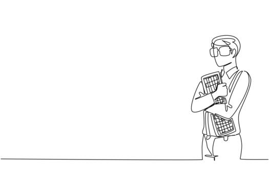 Single one line drawing a man wear long sleeved shirt with suspender hugging a computer keyboard. Hug tightly to get creative ideas. Think. Geek Pride Day. Continuous line design illustration vector