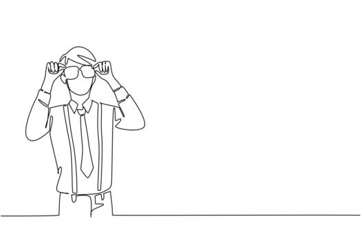 Continuous one line drawing a man wear long sleeved shirt with suspender hold glasses with large frames. Act like a famous model. Funny. Geek Pride Day. Single line draw illustration vector