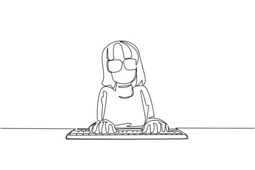 Continuous one line drawing woman dressed as a nerd, typing on a computer keyboard. Tidy up messy data fast. Awesome. Genius. Funny people. Geek Pride Day. Single line draw illustration vector