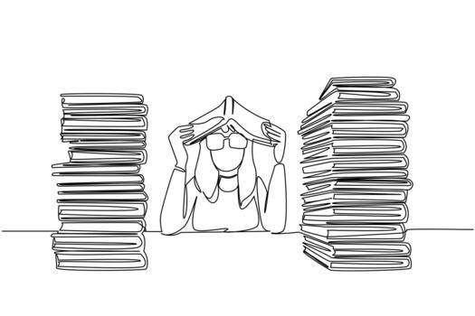 Continuous one line drawing a woman dressed as a nerd, placed an open book on her head. Read a lot, gain a lot of benefits. Funny. Educate. Geek Pride Day. Single line draw design vector