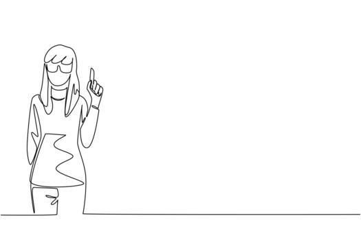 Single continuous line drawing the woman dressed as a nerd, raised one of her index fingers. Get creative ideas from the silliest. Innovation. Geek Pride Day. One line illustration vector