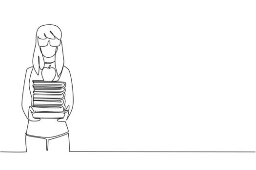 Continuous one line drawing woman dressed as a nerd, holding stack of books and an apple. The one who loves reading books and healthy fruit. Geek Pride Day. Single line draw design vector