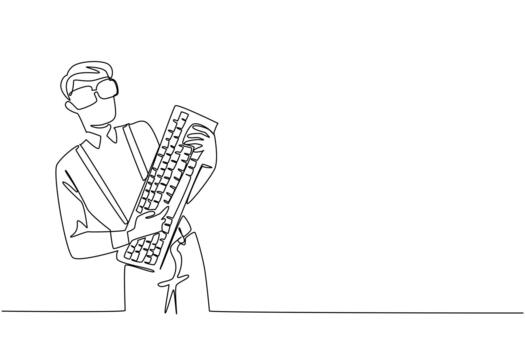 Single one line drawing a man wearing a long sleeved shirt with suspender holding a computer keyboard like playing guitar. game guitar Geek Pride Day. Continuous line design illustration vector