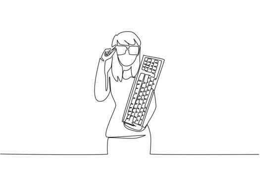 Single one line drawing woman dressed as a nerd, holding computer keyboard. Interested in the sound of the keyboard keys. Cannot be damaged. Geek Pride Day. Continuous line design illustration vector