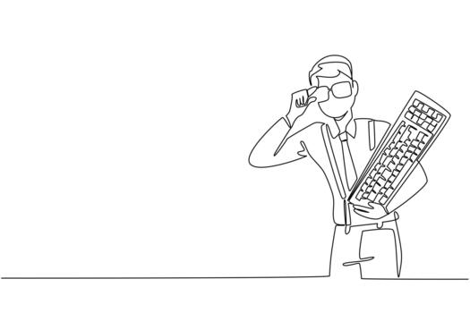 Single continuous line drawing a man wearing a long sleeved shirt with suspender holding a computer keyboard. Inspiration keyboard. Idea. Innovation Geek Pride Day. One line illustration vector