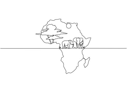 Single one line drawing the African continent with 2 elephants, the sun and big tree in the middle. Moving to create open space. Jungle. Global Africa Day. Continuous line design illustration vector
