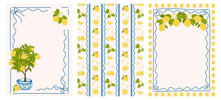 A collection of Italian lemon frames and patterns. Retro illustration with lemons, a striped background, and hand-drawn frames. vector