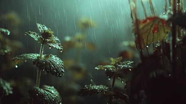 Soft rain falling on Catnip with gentle droplets dripping in a natural moody atmosphere photo