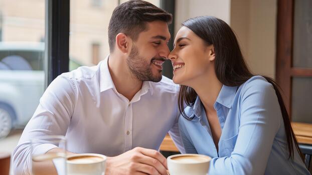joven Pareja compartiendo un alegre momento en un acogedor cafetería, sonriente y propensión hacia cada otro, con tazas de café en el mesa, capturar el esencia de amor y conexión foto