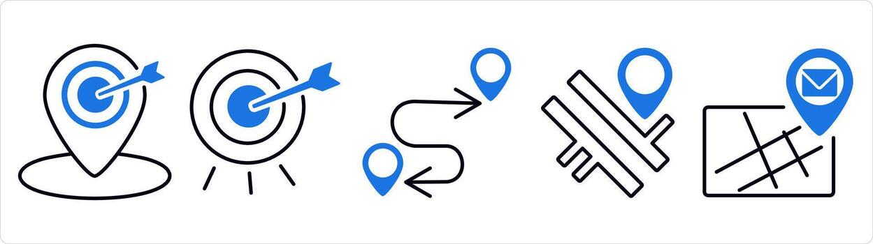 A set of 5 business icon as target location, target dartboard, route map in blue line color vector