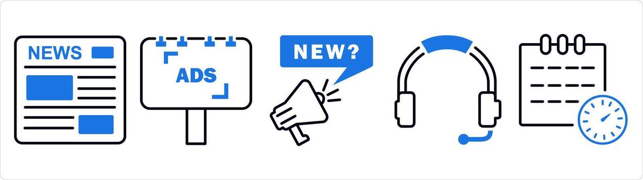 A set of 5 business icon as newletter, ad board, new message in blue line color vector