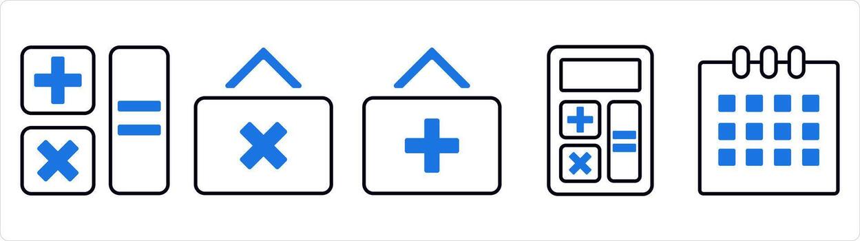 A set of 5 business icon as calculator, multiply button, add button in blue line color vector