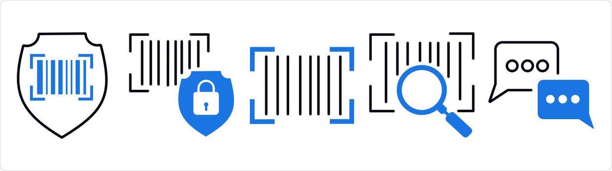 un conjunto de 5 5 negocio icono como bar código seguridad, bar código, buscar bar código en azul línea color vector