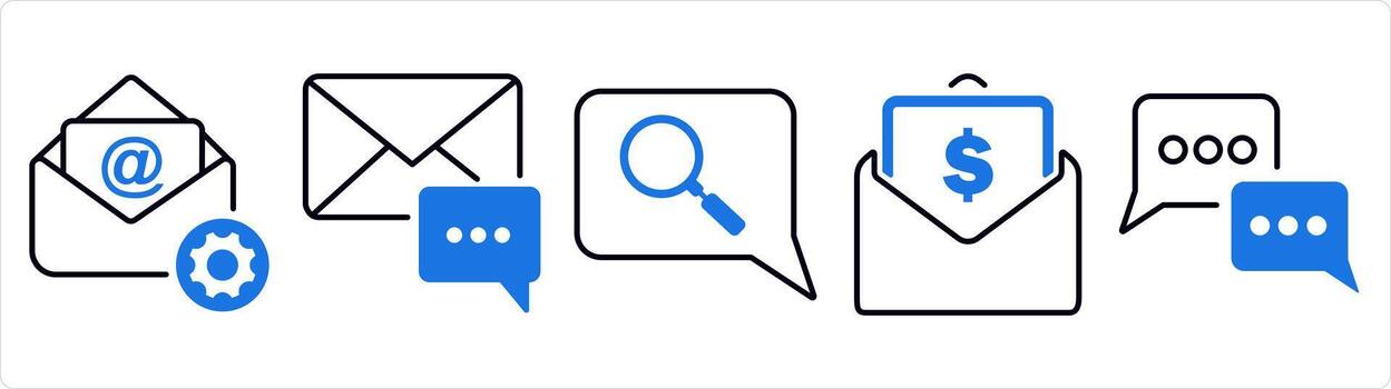 A set of 5 business icon as email settings, email notification, search message in blue line color vector