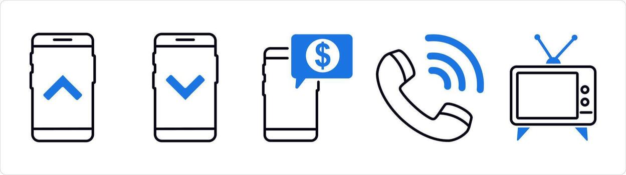 A set of 5 business icon as swipe up, swipe down, digital payment in blue line color vector