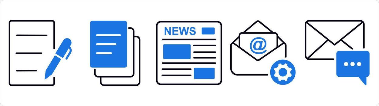 A set of 5 business icon as writing, duplicate copy, newsletter in blue line color vector