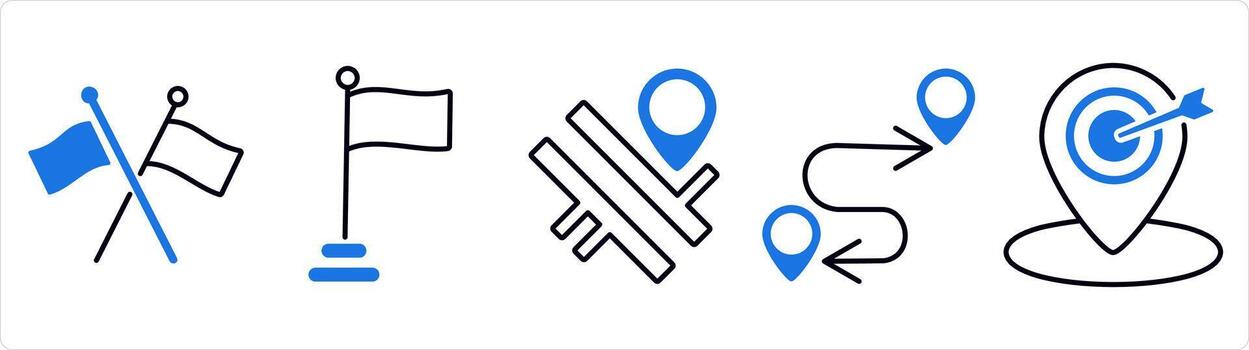 A set of 5 business icon as cross flag, flag, road map, route map in blue line color vector