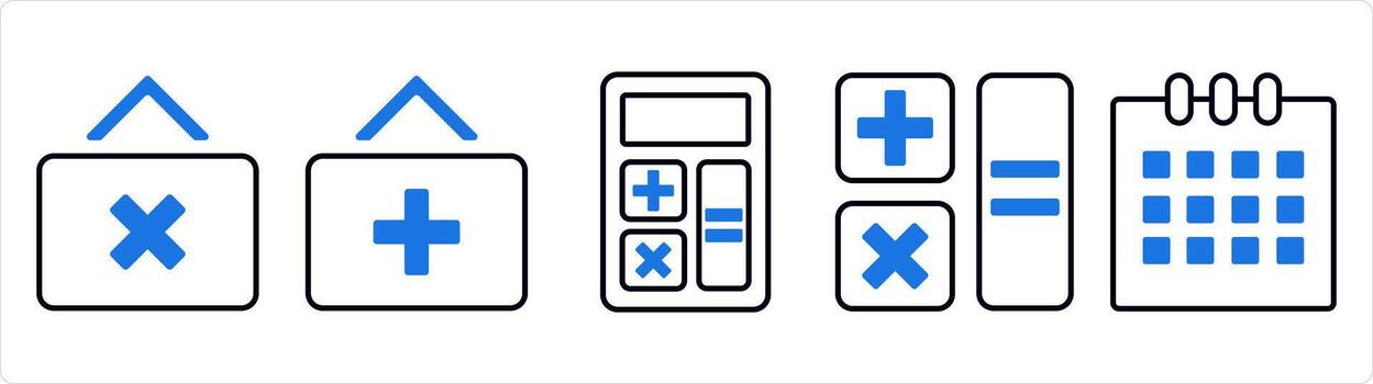 A set of 5 business icon as multiply button, add button, calculator in blue line color vector
