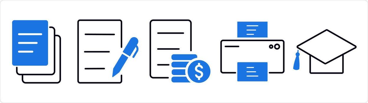 A set of 5 business icon as duplicate copy, writing, invoice in blue line color vector