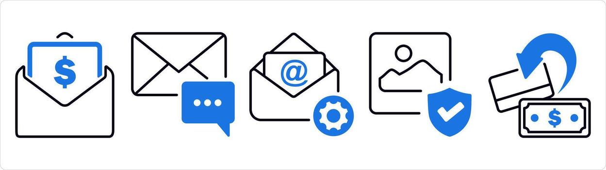 un conjunto de 5 5 negocio icono como salario correo, correo electrónico notificación, galería seguridad en azul línea color vector