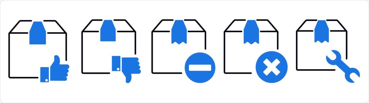 A set of 5 business icons as approved order, order declined, reduce item in blue line color vector
