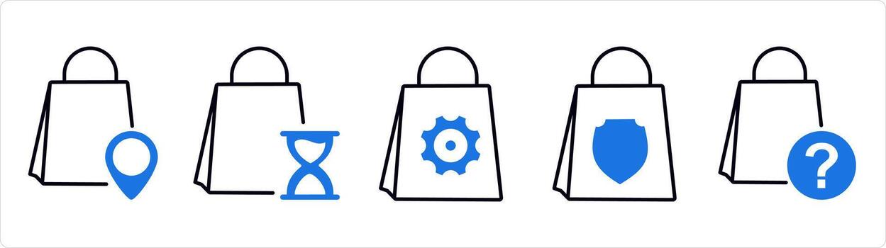 A set of 5 business icons as store location, shopping on time, bag setting in blue line color vector