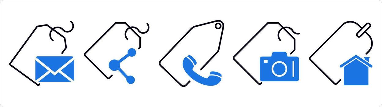 A set of 5 business icons as message tag, share tag, call tag in blue line color vector