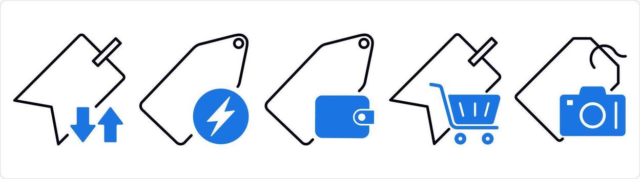 A set of 5 business icons as synchronize tag, fast tag, wallet tag in blue line color vector