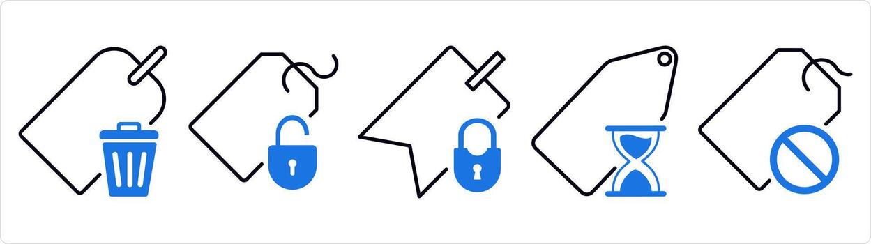 A set of 5 business icons as remove tag, tag protection, tag security in blue line color vector
